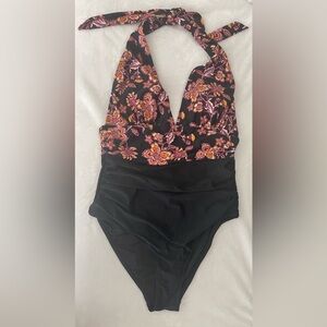 CUPSHE Retro Boho Plunging Halter Swimsuit Tummy Control One-Piece  Sz XL *NWT*